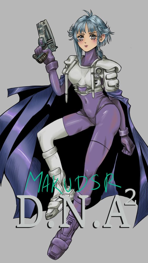 Young anime girl with short light blue hair. She's wearing a purple skin-tight leather suit, a matching cape, a cyberpunk futuristic style breastplate, shoulder pads and shoes, and is holding a gun in her right hand