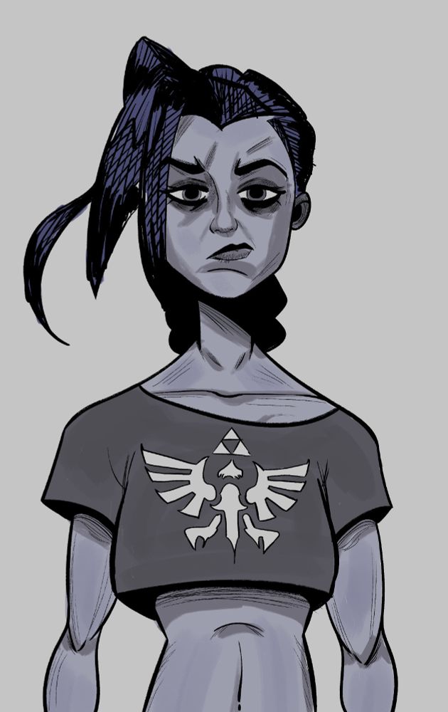 A drawing of Jinx in that Legend of Zelda t-shirt as a crop top