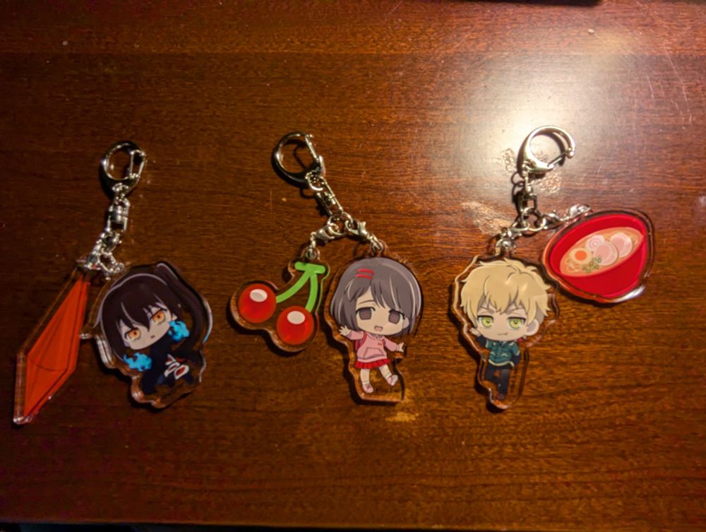 Keychains of Jue Viole Grace, Miseng Yeo, and Wangnan Ja from Tower of God. 