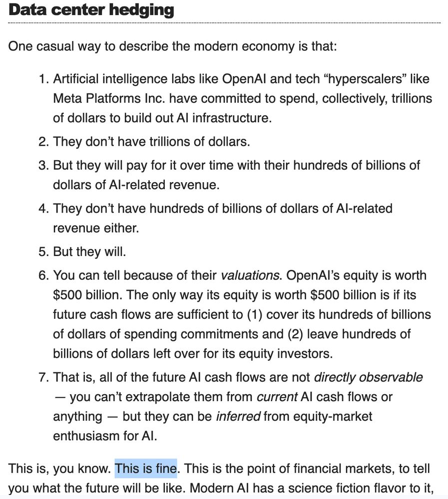 seven bullet points enumerating the hole at the center of the AI economy. 