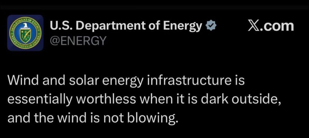 US Department of Energy official post stating solar and wind energy are useless when it’s dark or calm. 