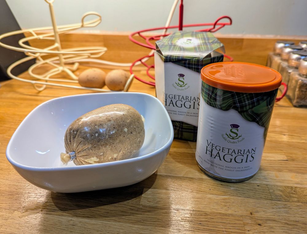 Vegetarian haggis ready to be cooked.