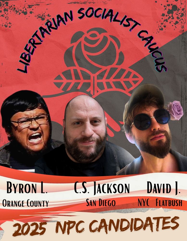Graphic for the Libertarian Socialist Caucus candidates for DSA’s 2025 National Political Committee. The black & red LSC logo (hands shaking over the DSA rose & black/red flag of anarchism) serves as the background, with portraits of Byron L. (Orange County), C.S. Jackson (San Diego) and David J (NYC-Flatbush) lined up underneath.