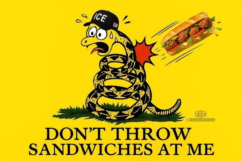 Comic take on the Gadsden flag with a snake in an ICE cap and sweating, with his tongue sticking out and a meatball hoagie coming to hit him. Text says "don't throw sandwiches at me."

