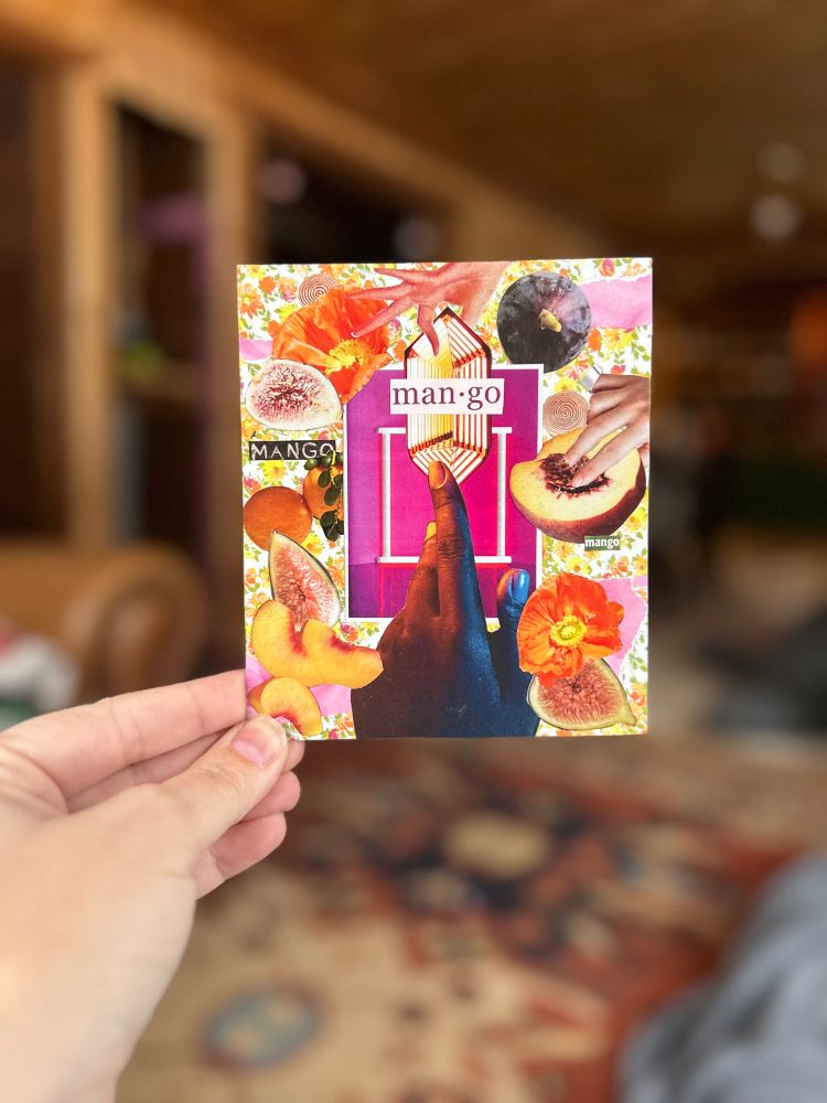 Small paper collage (approx 4x6 inches) featuring mangos, hands, and lots of magenta.