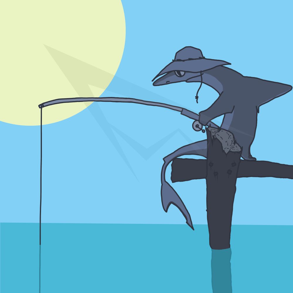 A Caribbean Sharpnose Shark in a floppy hat is sat on an old wooden pier just fishing the day away