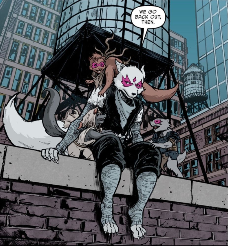 Alopex, a mutant Arctic Fox in the Teenage Mutant Ninja Turtles IDW comic, sits on the side of a run-down building, amongst a cityscape of other run-down buildings, surrounded by 3 mutant weasel children.