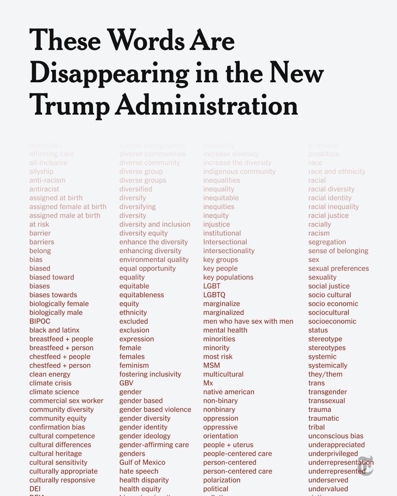 A card reads: "These Words Are Disappearing in the New Trump Administration." A long list of words follows, including: biologically female; biologically male; BIPOC; Black; breastfeed + people; clean energy; climate crisis; climate science; commercial sex worker; community diversity; community equity; confirmation bias; cultural competence; cultural differences; cultural heritage; cultural sensitivity; culturally appropriate; culturally responsive; DEI; equity; feminism; genders.