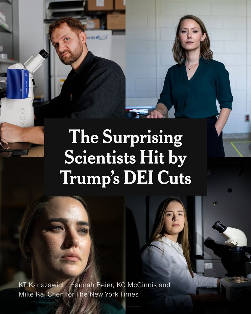 A grid of portraits of four scientists. A headline reads: "The Surprising Scientists Hit by Trump's DEI Cuts"