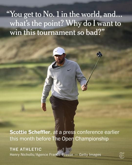 The golfer Scottie Scheffler reacts on the grass during the 153rd Open Championship. A quote from him during a press conference earlier this month before the Open Championship: “You get to No. 1 in the world, and… what’s the point? Why do I want to win this tournament so bad?”