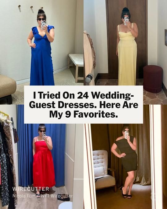 A grid of four images shows a woman modeling various long and short wedding guest dresses in blue, yellow, red, and black. A central text box reads, "I Tried On 24 Wedding-Guest Dresses. Here Are My 9 Favorites."
