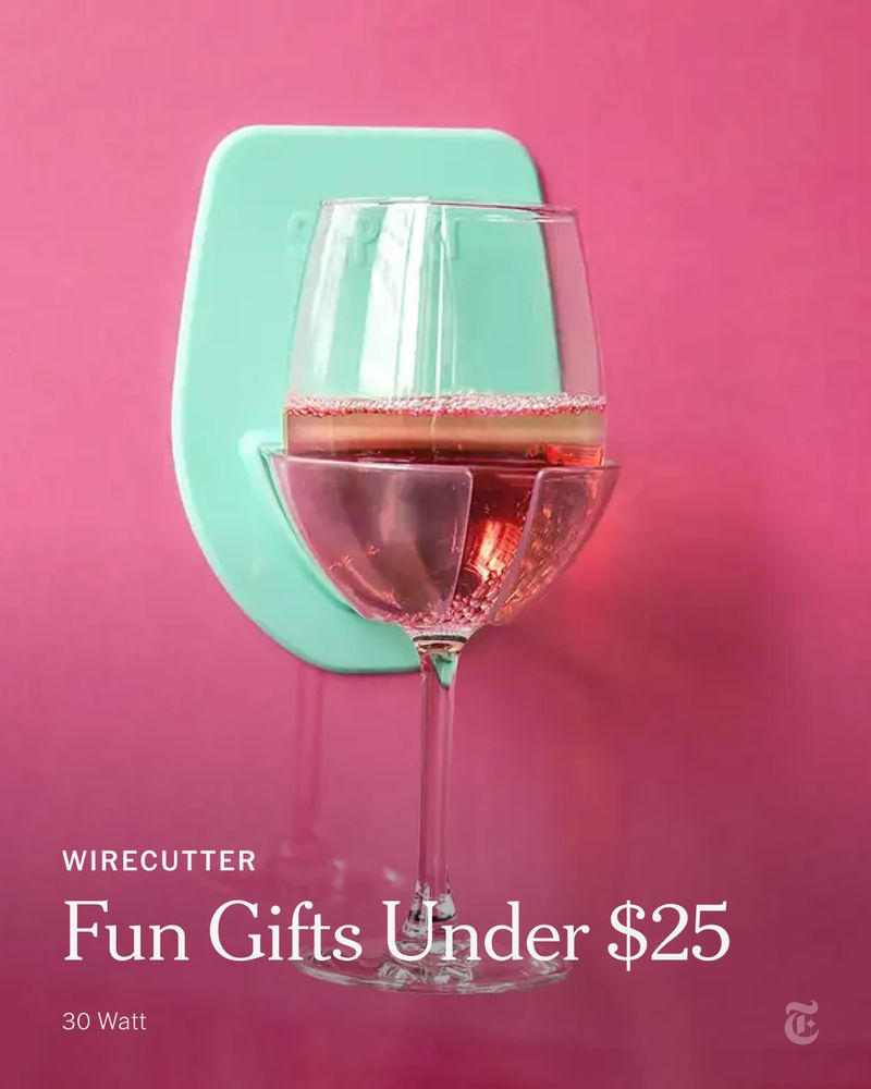 A wine glass is supported by a holder attached to a wall. Headline: Fun Gifts Under $25