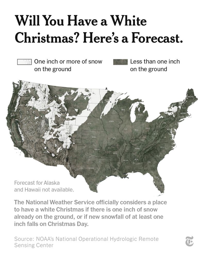 A map with the headline, “Will you have a white Christmas? Here’s a forecast,” shows a map of the United States overlaid with areas where there is expected to be at least one inch of snow on the ground.