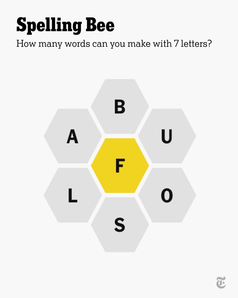 A Spelling Bee game shows seven letters, with F at the center and the rest being A, B, U, O, S, and L.