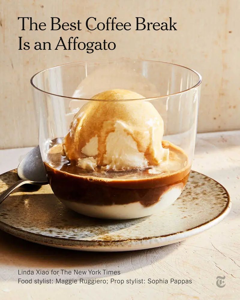 A close-up of a dessert, an affogato, with a scoop of melting vanilla ice cream in a glass, covered in rich brown espresso, and resting on a ceramic saucer. Headline: The Best Coffee Break Is an Affogato