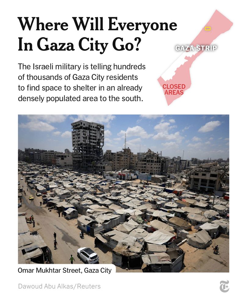 A small map of the Gaza Strip next to the headline "Where Will Everyone In Gaza City Go?" More text reads: "The Israeli military is telling hundreds of thousands of Gaza City residents to find space to shelter in an already densely populated area to the south."