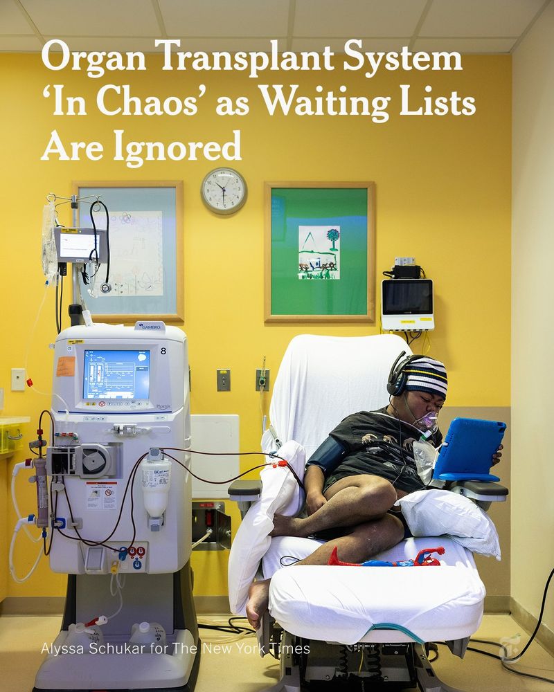 Marcus Edsall-Parr is pictured in the hospital as he gets dialysis treatments. He is using his iPad and wearing headphones. Text reads: "Organ Transplant System 'In Chaos' as Waiting Lists Are Ignored" Photo by Alyssa Schukar for The New York Times