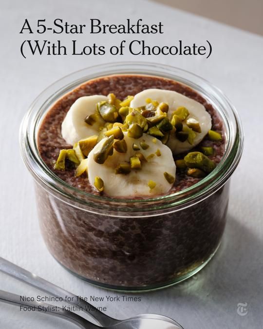 A small glass container holds chocolate chia pudding topped with banana slices and nuts. Headline: A Five-Star Breakfast (With Lots of Chocolate)