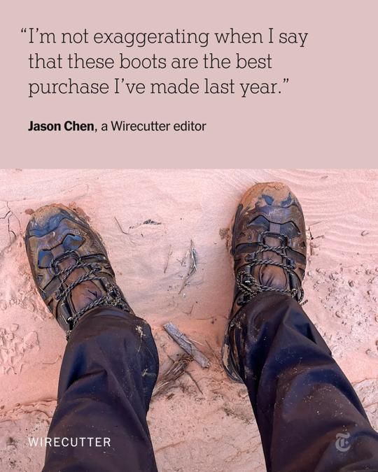 An image shows someone's feet in muddy boots. A quote from Wirecutter editor Jason Chen: “I’m not exaggerating when I say that these boots are the best purchase I’ve made last year.”