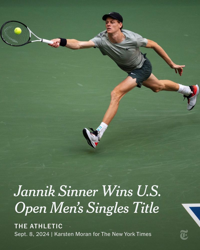 Jannick Sinner reaching to hit a tennis ball. A headline reads: "Jannick Sinner Wins U.S. Open Men's Singles Title"