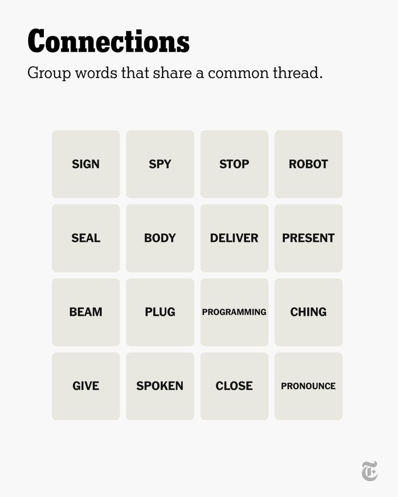 A grid of words including “SEAL,” “SPY” and “SIGN” for the Connections puzzle for Nov. 8, 2025.