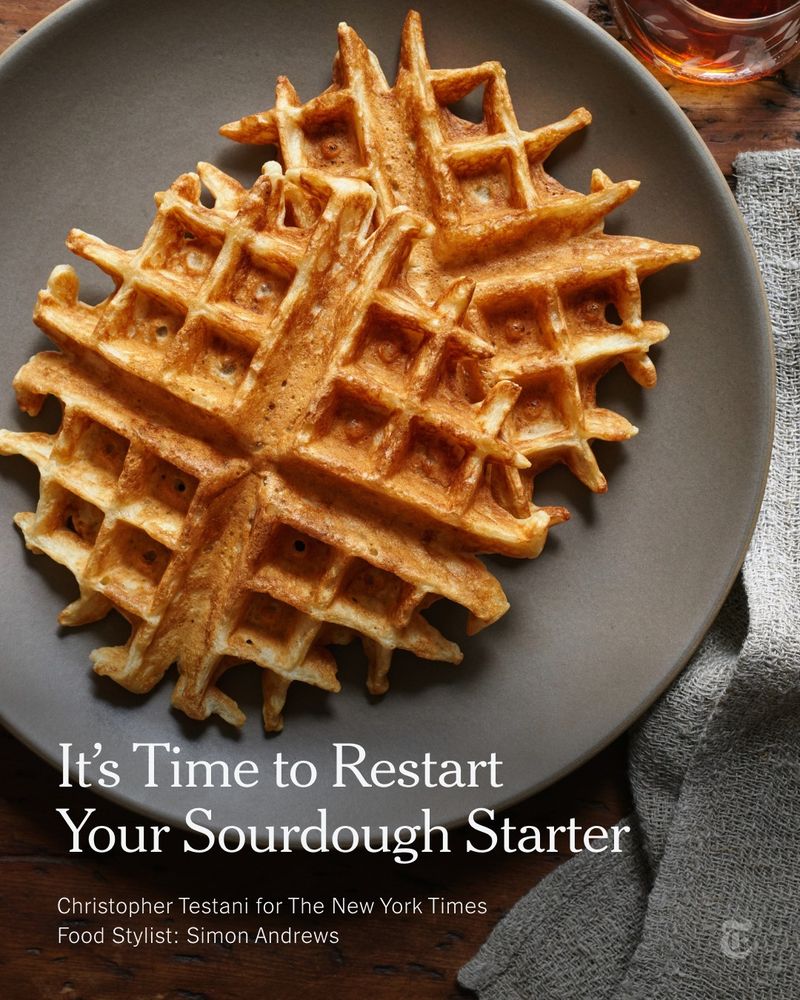 A plate of waffles with the headline: It’s Time to Restart Your Sourdough Starter