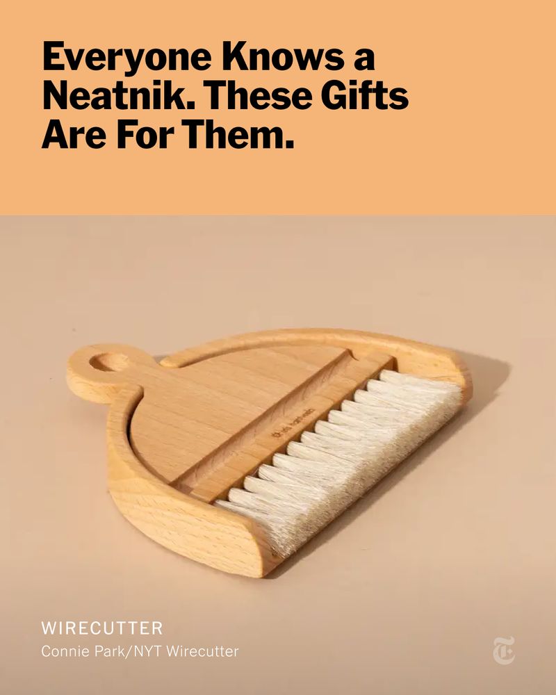 Headline: Everyone Knows a Neatnik. These Gifts Are For Them. A photo shows a dustpan and brush.