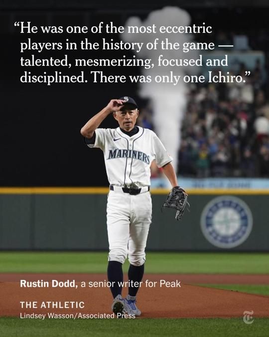 Ichiro Suzuki, former Seattle Mariners right fielder, in a white baseball uniform on a field, adjusts his cap. A quote reads: "He was one of the most eccentric players in the history of the game — talented, mesmerizing, focused and disciplined. There was only one Ichiro." The attribution reads: "Rustin Dodd, a senior writer for Peak"
