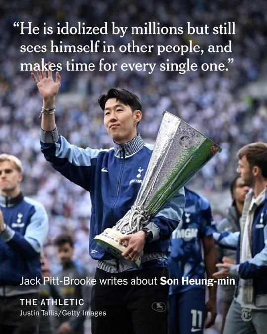 The soccer player Son Heung-min in a blue jersey, waves to the crowd while holding a large silver trophy. A quote from Jack Pitt-Brooke: “He is idolized by millions but still sees himself in other people, and makes time for every single one.”
