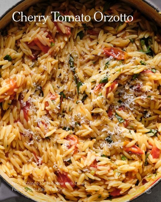 A close-up of a large pot of Cherry Tomato Orzotto
