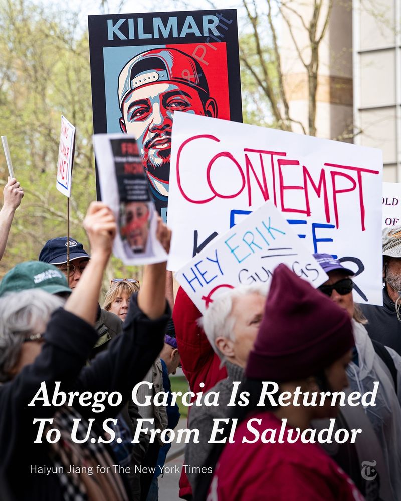 Behind a blurred image of a woman’s face is a stylized sign of a man’s face and the word KILMAR. A headline reads: "Abrego Garcia Is Returned to U.S. From El Salvador." Photo by Haiyun Jiang for The New York Times.