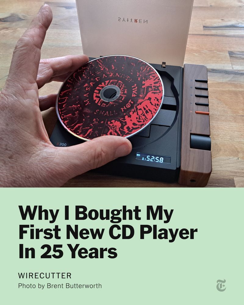 A photo shows a hand placing a CD with a red-and-black cover into a wooden CD player. Headline below: Why I Bought My First CD Player in 25 Years