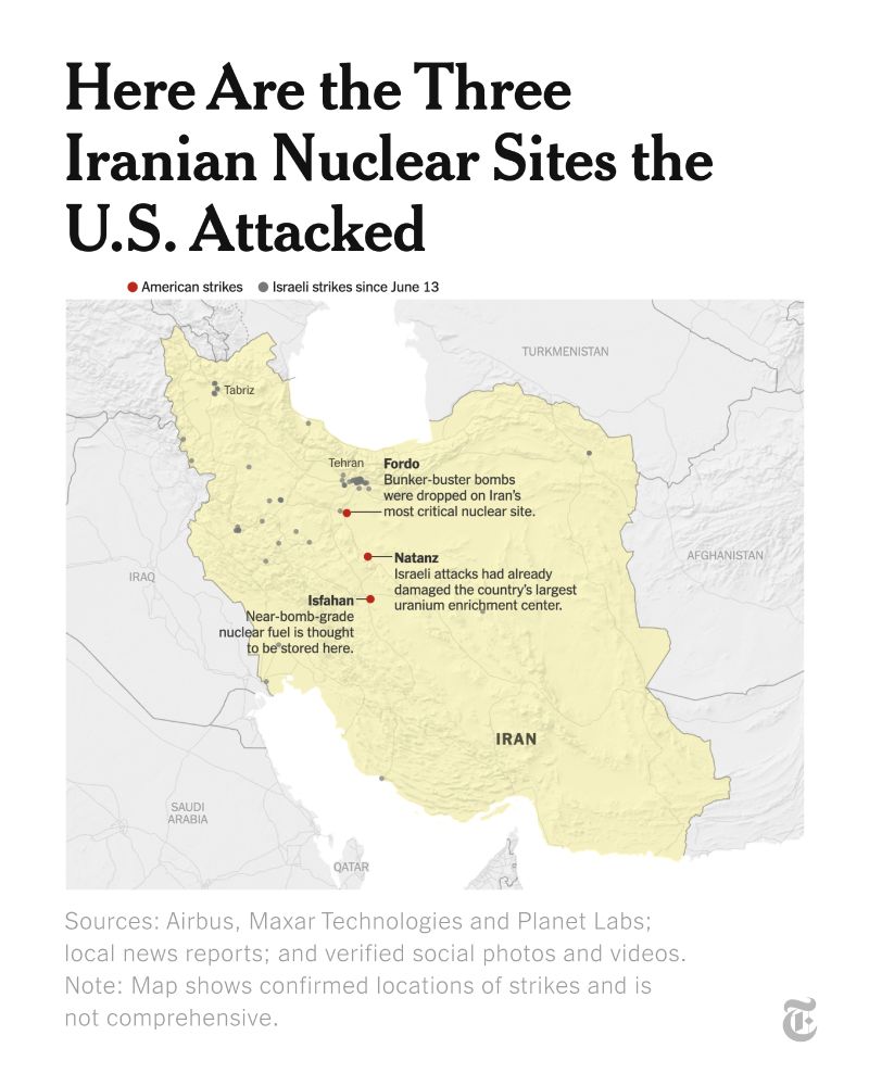 A map of Iran, with red dots on Fordo, Isfahan and Natanz. A headline reads: 