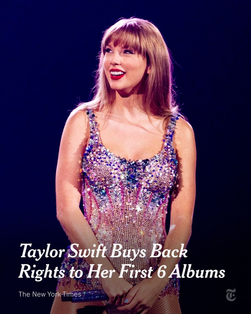 A photo of Taylor Swift on stage. Text reads: "Taylor Swift Buys Back Rights to Her First 6 Albums."