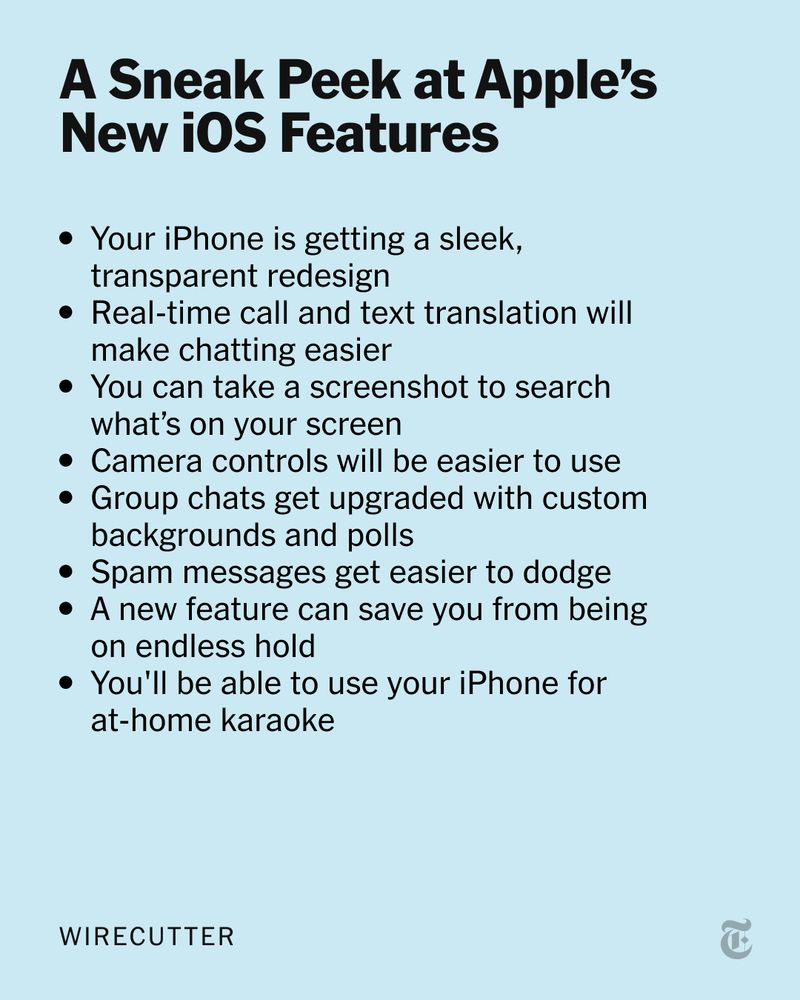 Headline: "A Sneak Peek at Apple's New iOS Features." Below it, a bulleted list details eight upcoming iOS features, including a transparent iPhone redesign, real-time call and text translation, and the ability to use the iPhone for at-home karaoke.