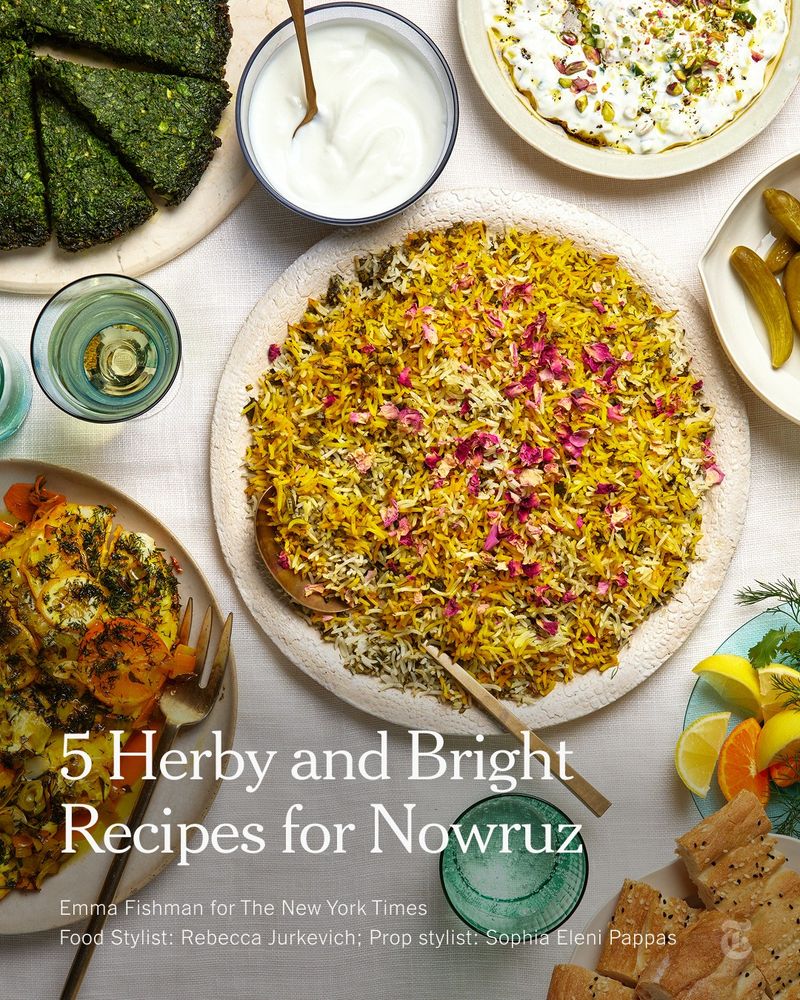 A table shows several dishes of food with saffron rice at the center. Headline: 5 Herby and Bright Recipes for Nowruz
