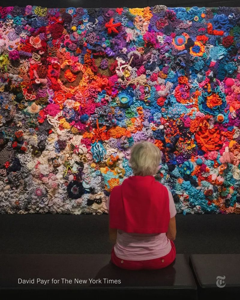 An enormous artwork consisting of crocheted corals in blues, pinks, oranges and a variety of other colors. It is mounted on its side in a museum space, and a person sits on a bench taking in the work. Photo by David Payr for The New York Times