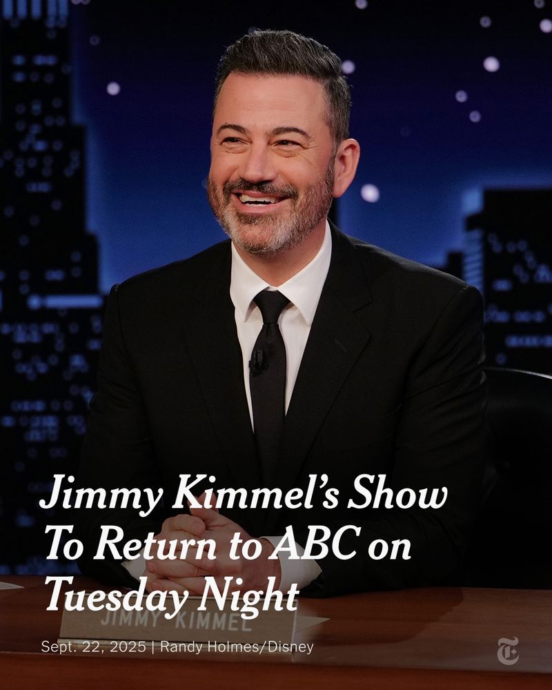 Jimmy Kimmel sits behind a desk. He’s wearing a tie and a jacket. A headline reads: “Jimmy Kimmel's Show To Return to ABC on Tuesday Night.” Photo credit: Randy Holmes/Disney.