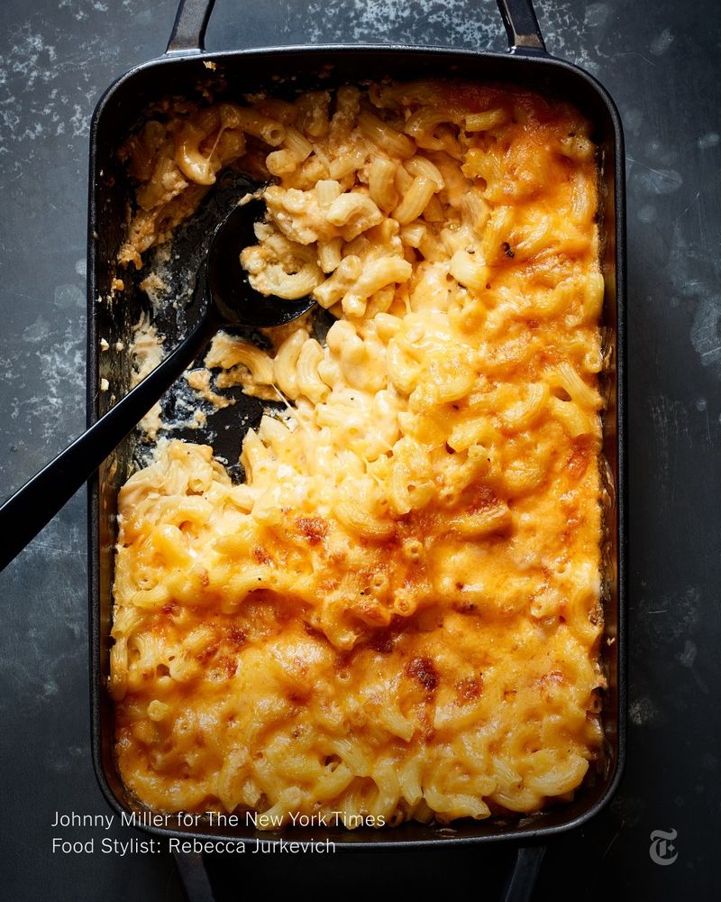A large baking tray filled with mac and cheese.