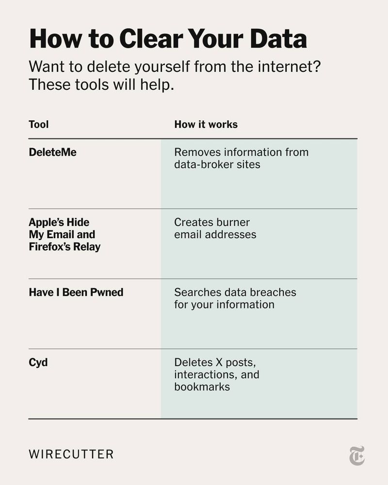 A chart titled "How to Clear Your Data" lists four tools - DeleteMe, Apple's Hide My Email and Firefox's Relay, Have I Been Pwned and Cyd - and how each works to remove personal information from the internet.