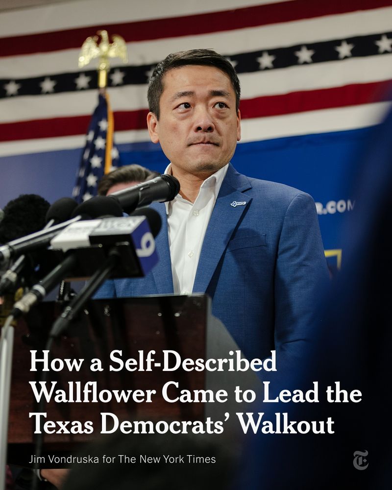 State Representative Gene Wu in a blue suit behind a podium with several microphones. A headline reads: "How a Self-Described Wallflower Came to Lead the Texas Democrats' Walkout" Photo by Jim Vondruska for The New York Times 