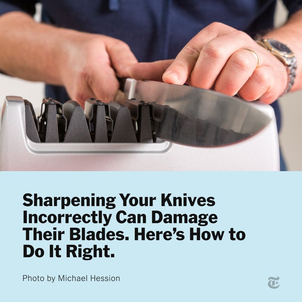 Headline: Sharpening Your Knives Incorrectly Can Damage Their Blades. Here’s How to Do It Right. A photo shows a man sharpening a knife.