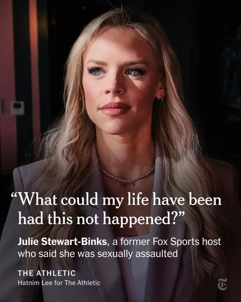 A photo of Julie Stewart-Binks posing in a grey blazer. A quote from her: “What could my life have been had this not happened?"