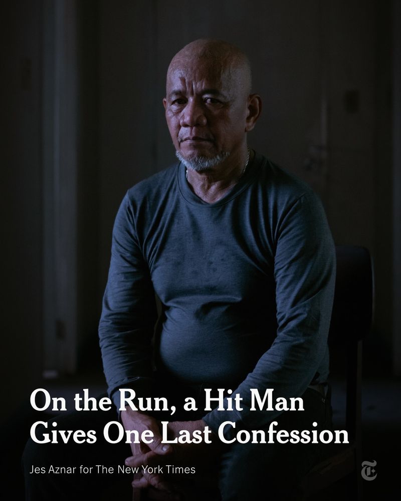 A bald man with white facial hair in a long-sleeved gray shirt. A headline reads: "On the Run, a Hit Man Gives One Last Confession." Photo by Jes Aznar