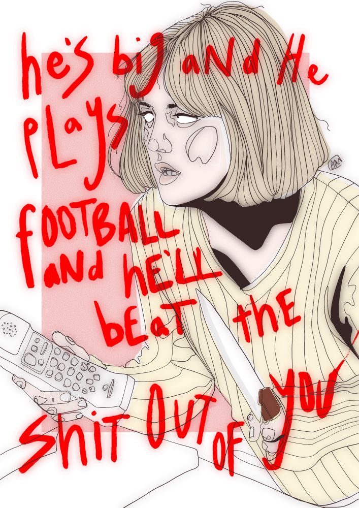 An abstract line art illustration of Drew Barrymore in Scream, a woman with short blonde hair wearing a cream sweater. She is holding a phone in one hand and a knife in the other. The background is white with a pink block of colour. Red text is written across the illustration, “he's big aNd he Plays FOOTBALL aNd hE’Ll bEaT thE Shit OUT of you”