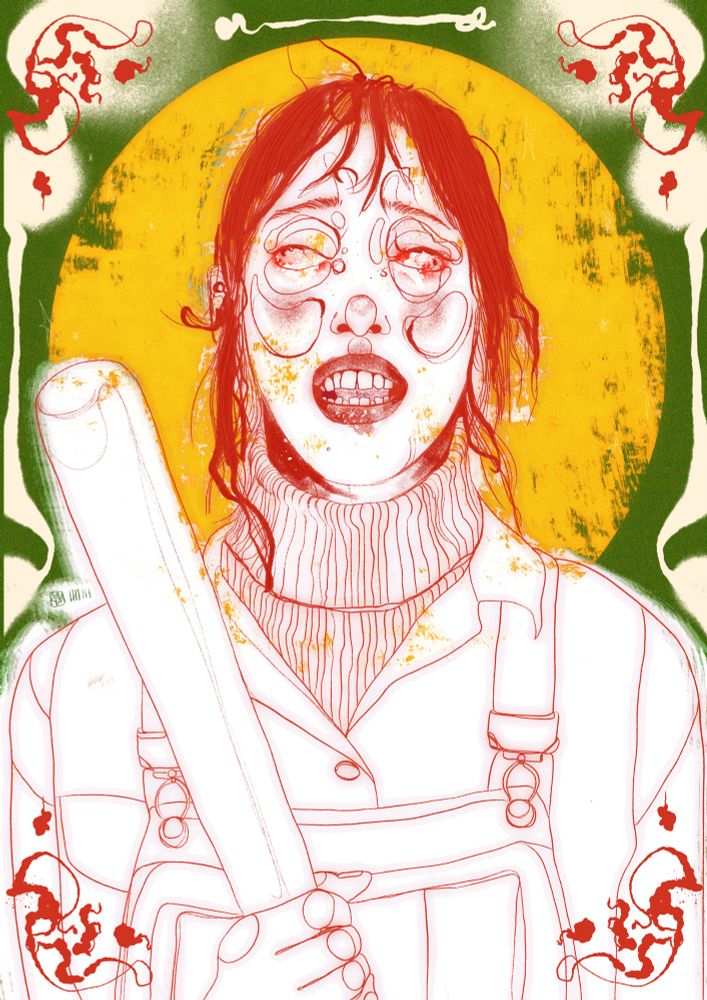a red illustration of shelley duvall as Wendy Torrance in the shining, holding a bat. the background is green with cream swirls and she has a warm golden halo 