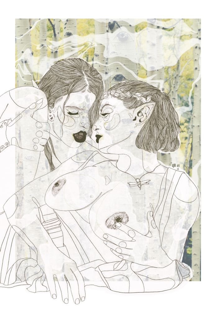 an illustration of two elves, one has their hands around the others leg, the other has one hand on their exposed chest. silver birch trees in the background 