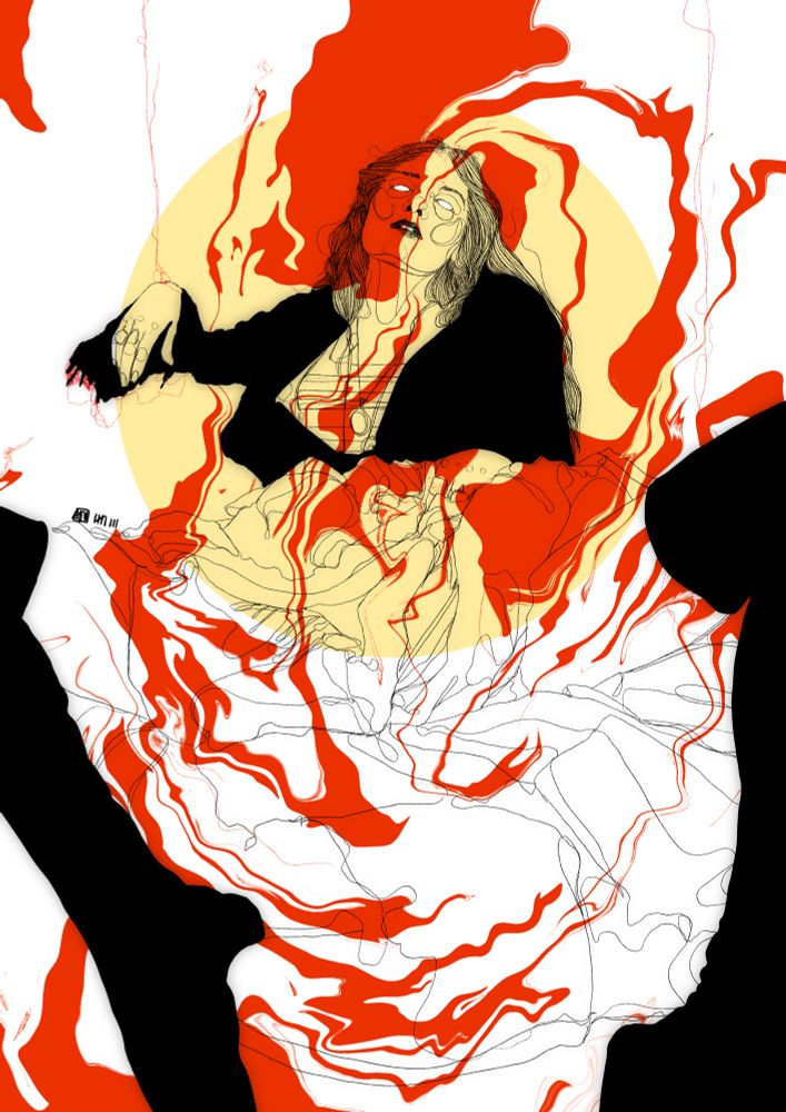 a black abstract loose line drawing of Florence Welch of Florence and The Machine in her Everybody Scream era. She is sitting with a fabric dress bunched up around her open legs, red swirls swim around the entirety of the image and a pale yellow moon is behind her 