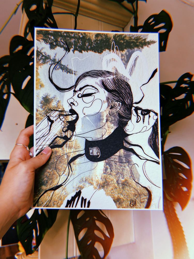 a black line drawing of someone wearing a black collar having their long hair pulled and two fingers put inside their mouth on a film photograph background of trees and water