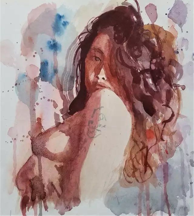 a watercolour painting of anni jyn - a nude woman from the waist up, she is looking over her shoulder with her dark curly hair hanging over her back. her hand is under her breast and you can see faint lines of a skull tattoo on her arm. there are splotches of blues greys and pinks in the background